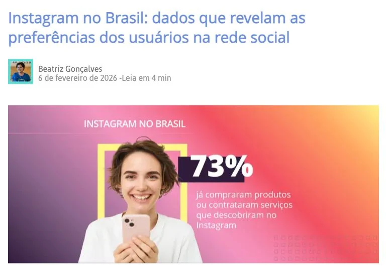 Print da matéria do Opinion Box, publicada em 6 de fevereiro de 2026, com o dado de 73% sobre compras no Instagram