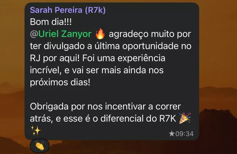 Print de Sarah Pereira agradecendo uma oportunidade de trabalho no Rio de Janeiro compartilhada no grupo.