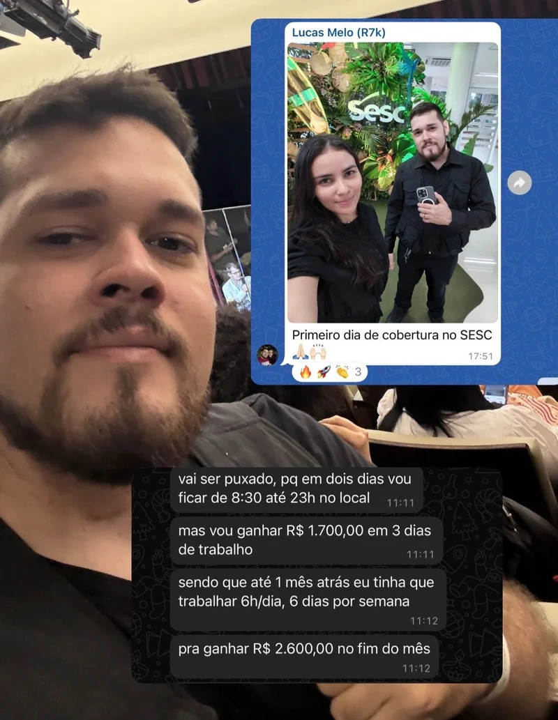 Print de Lucas Melo na cobertura do SESC, relatando R$ 1.700 por três dias de trabalho.