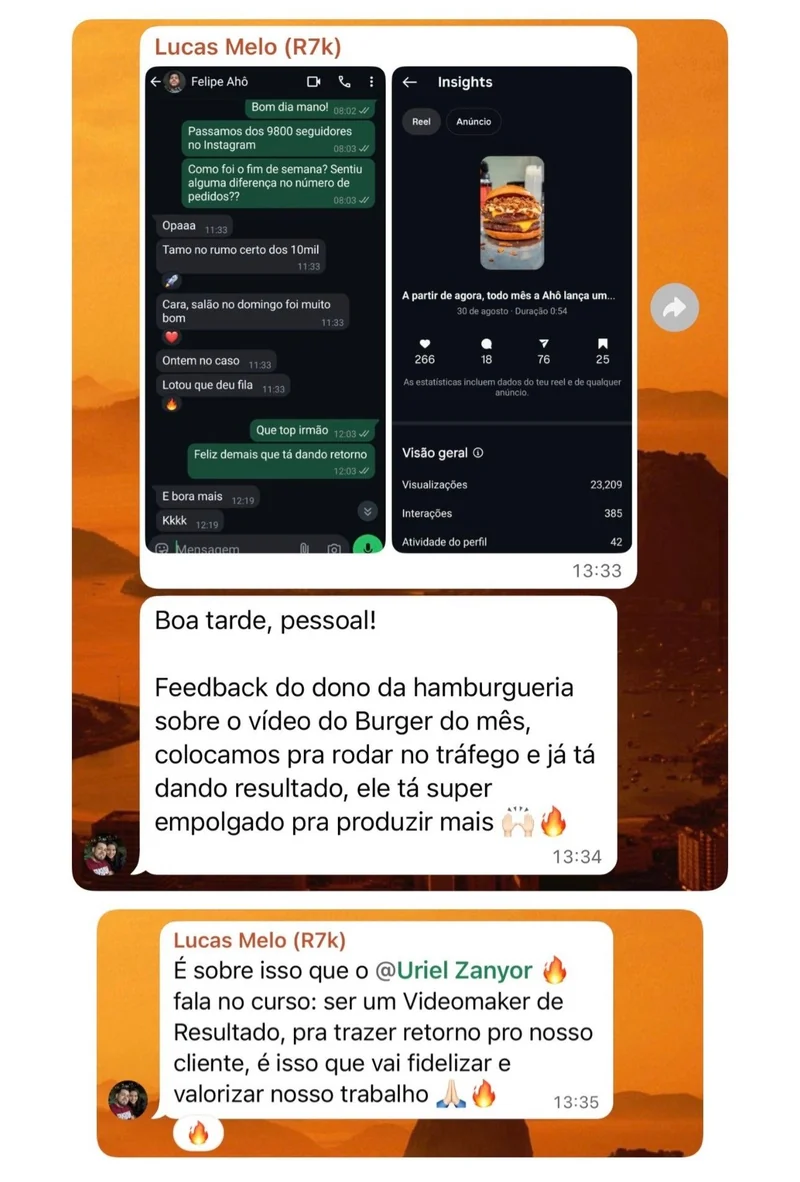 Print de Lucas Melo com o retorno de uma hamburgueria e os resultados do vídeo do Burger do mês.