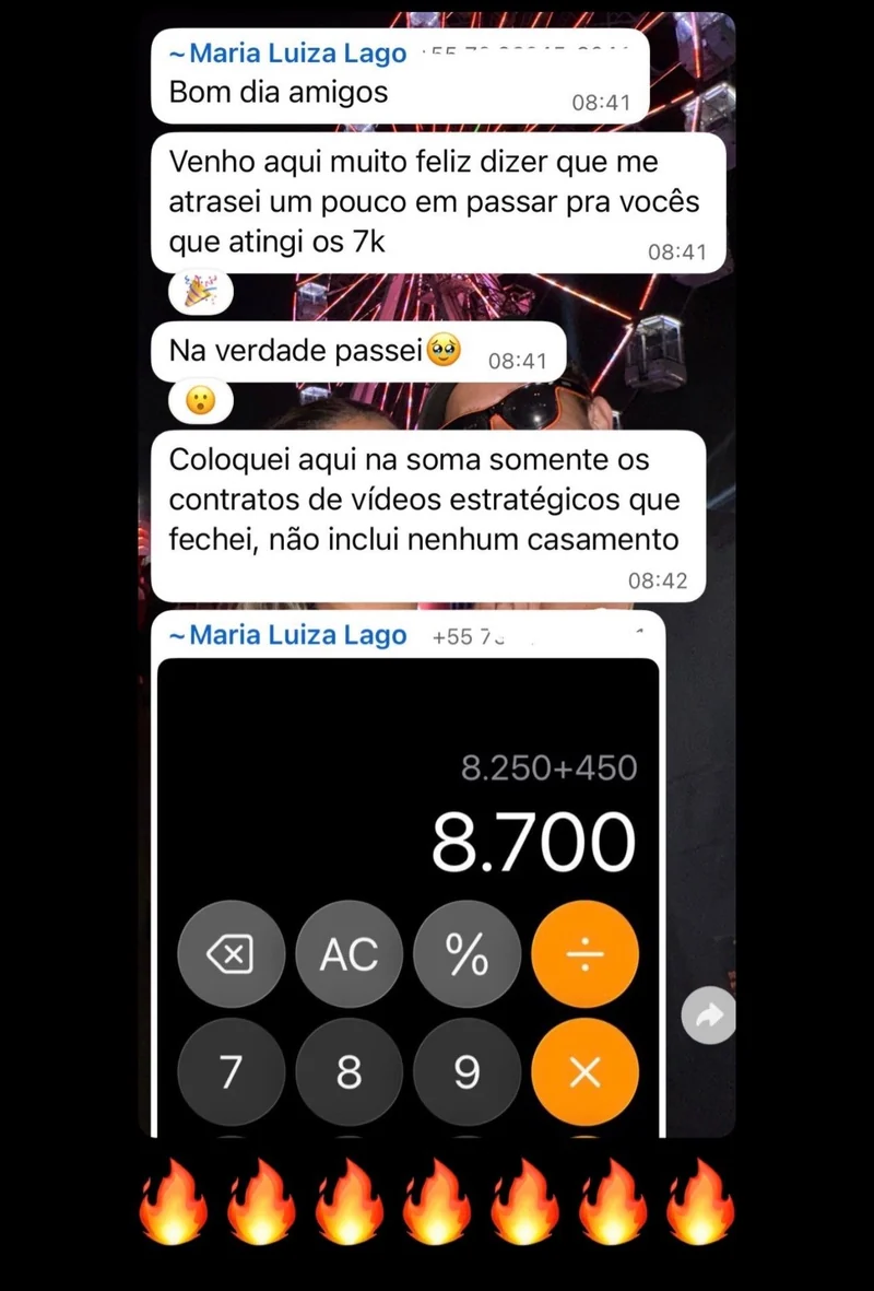 Print do depoimento de Maria Luiza Lago relatando R$ 8.700 em contratos de vídeos estratégicos.