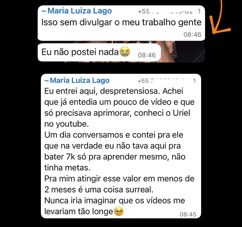 Print de Maria Luiza Lago contando sua evolução em menos de dois meses e que não havia divulgado seu trabalho.